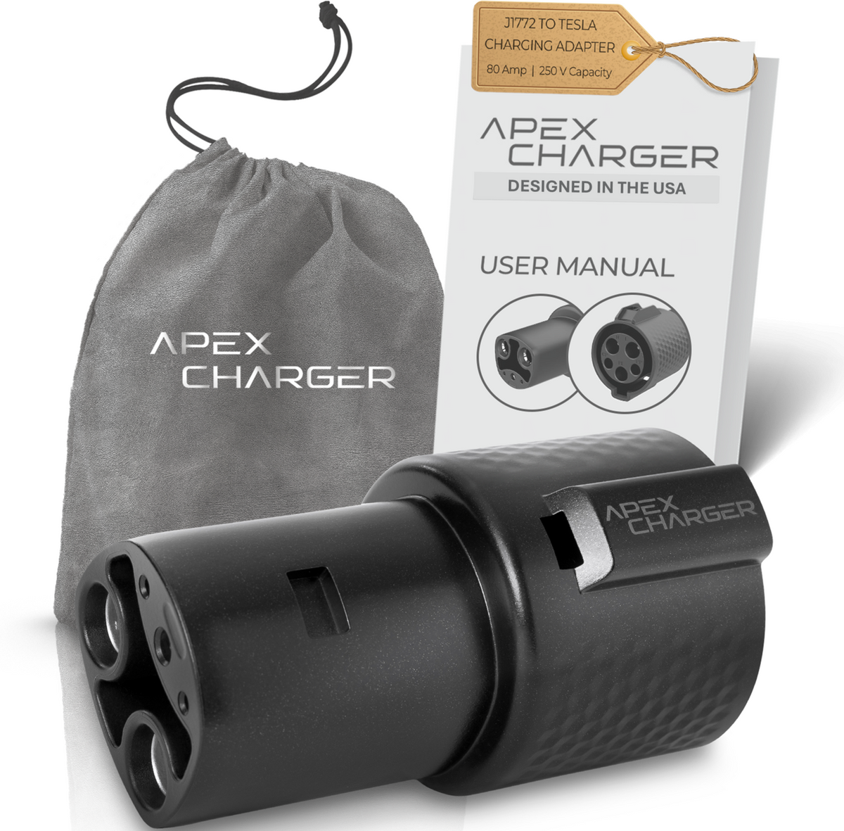 ApexCharger PRO 1 J-1772 to Tesla Adapter for Level 2 Charging, 80A, 14kW, 250V, Compatible with Tesla Model 3, Model S, Model Y, Model X, Roadster, and Cybertruck