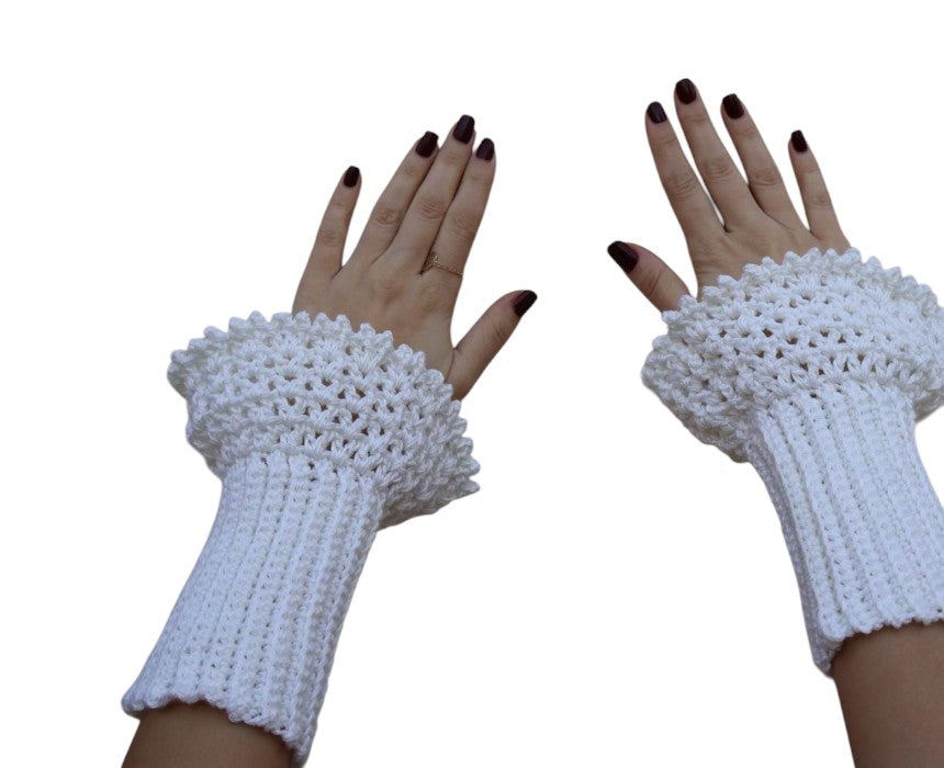 White Soft Crochet Cotton Wrist Warmers