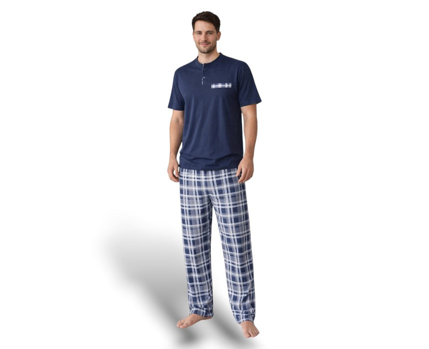Doucette Men’s Navy & Blue Checkered Cotton Pant Set