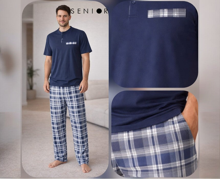 Doucette Men’s Navy & Blue Checkered Cotton Pant Set