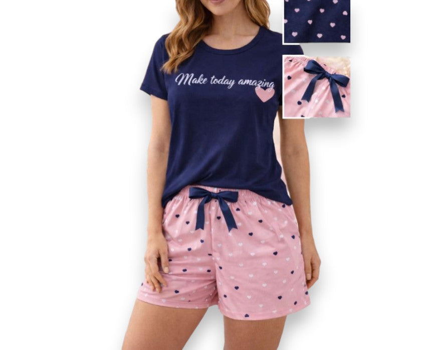 Doucette Pink Shorts with Navy Cotton Tee Pyjama