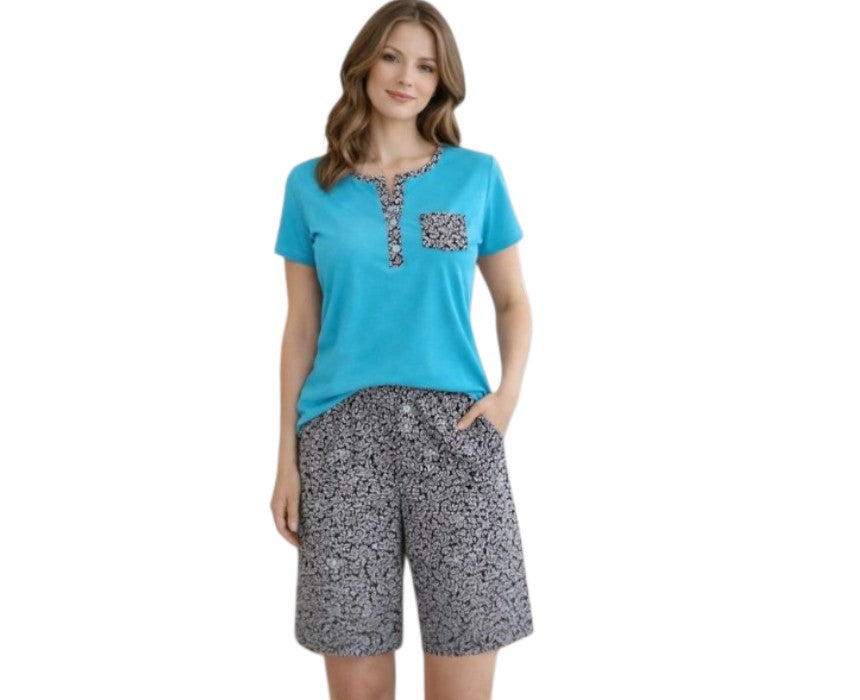 Doucette Women’s Blue and Grey Cotton Pyjama Set