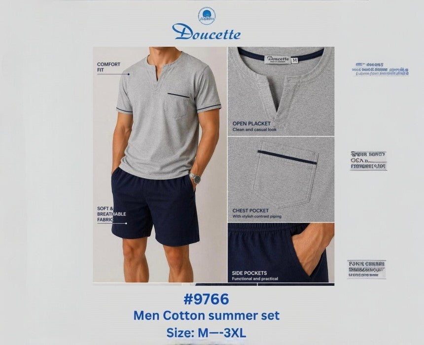 Doucette Men’s Grey & Navy Cotton Summer Pyjama Set