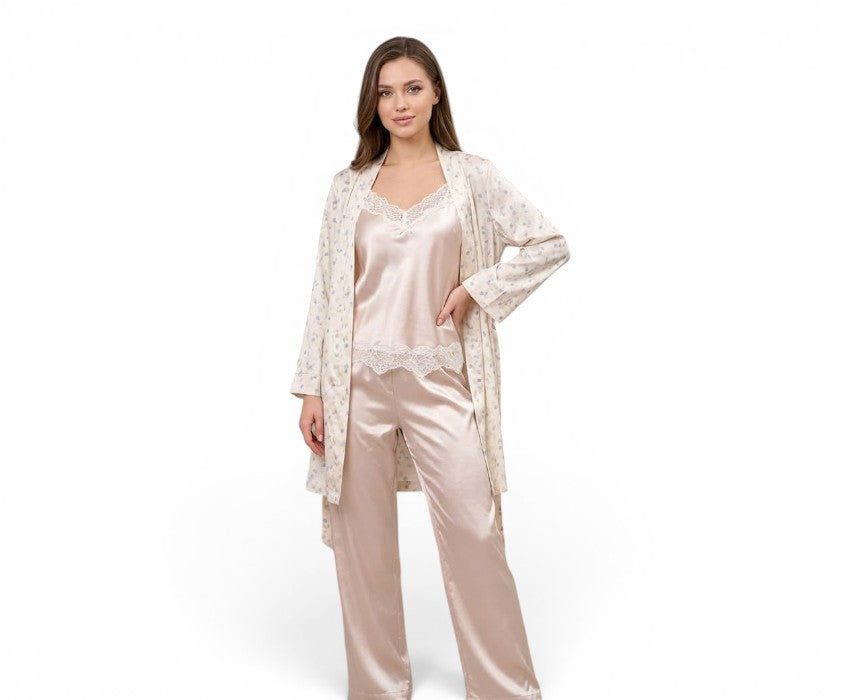 Satin Pyjama Robe Set Beige