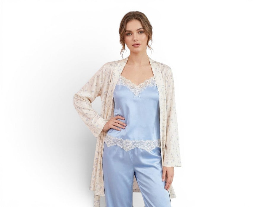 Satin Pyjama Robe Set Blue