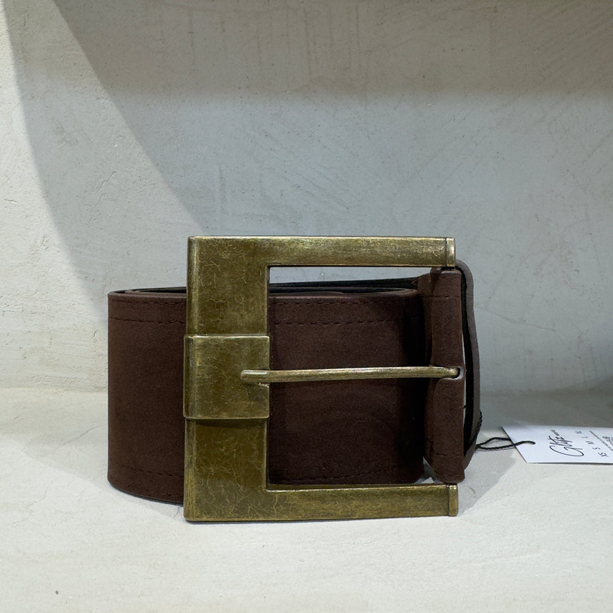 Brown belt with a large brass buckle on a light background
