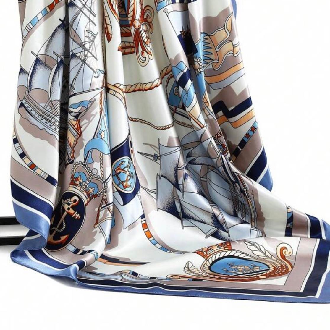 Decorative scarf with ship and anchor pattern on a white background