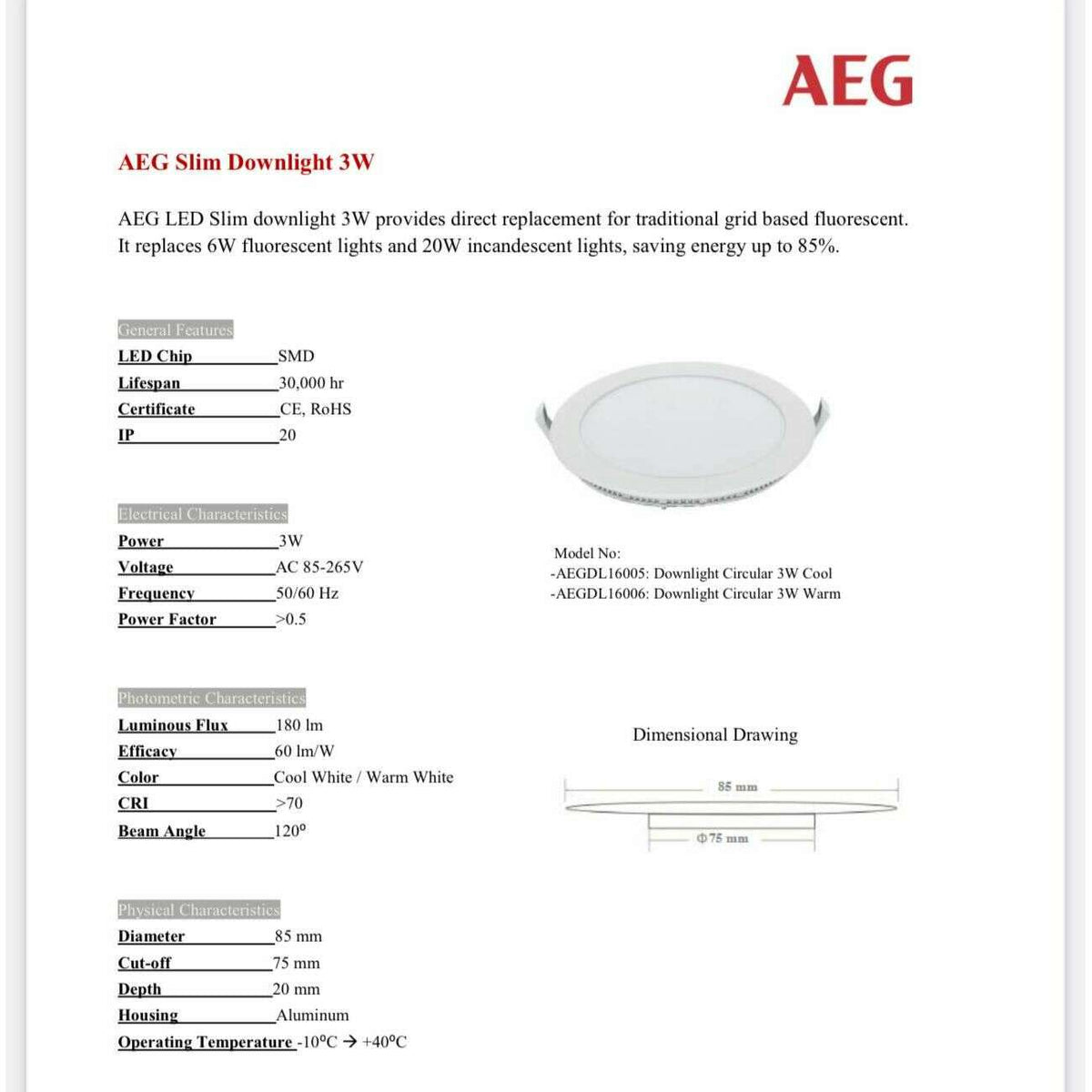 The German Outlet, AEG, LED Downlight 3W Circular Warm