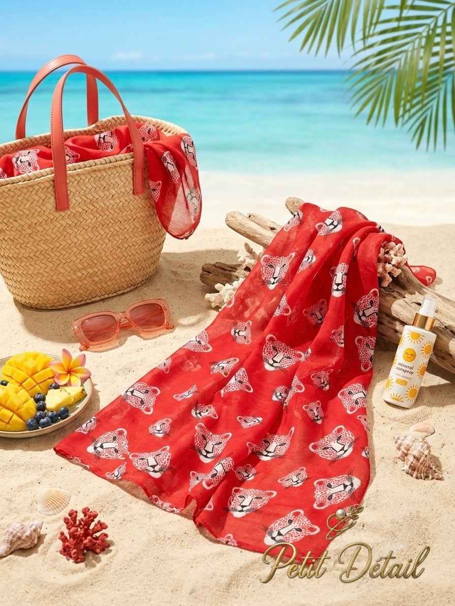 Wild Leopard Mousseline Beach Pareo – Red – 90 × 175 cm Petit Détail Lebanon