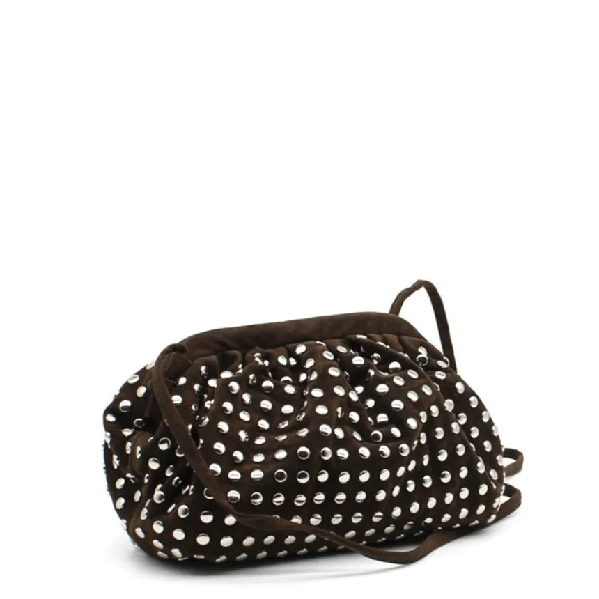 brown clutch bag with white polka dots 