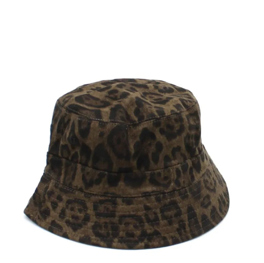 Leopard print bucket hat on a white background