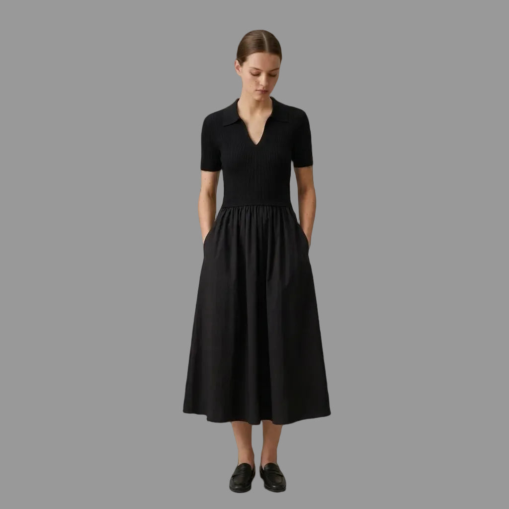 The Black Bi-Material Polo Midi Dress