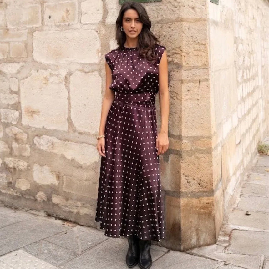 The Plum Polka Dot Satin Midi Skirt