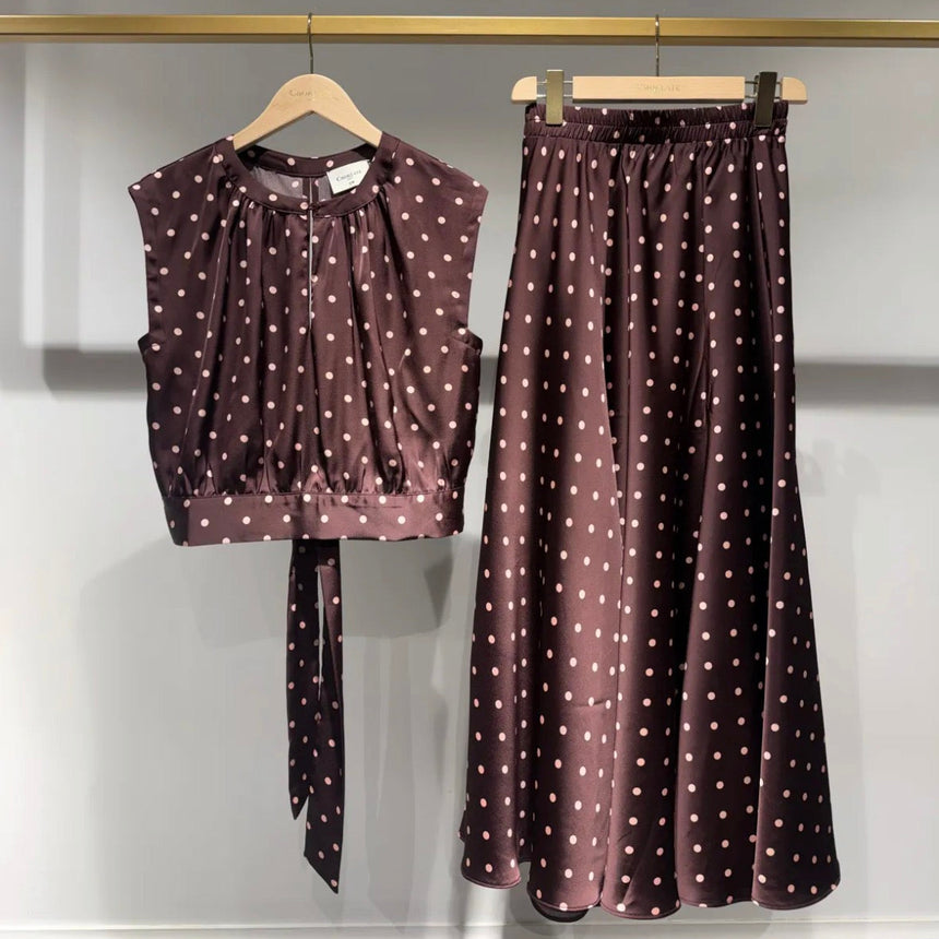The Sleeveless Plum Polka Dot Satin Keyhole Top