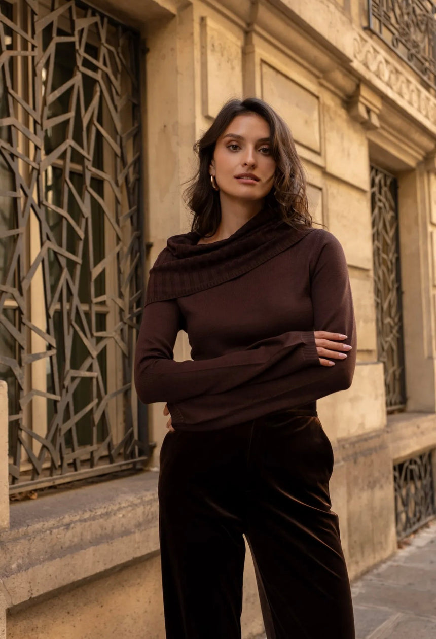 Chocolate Brown Fold-Over Ribbed Knit Top