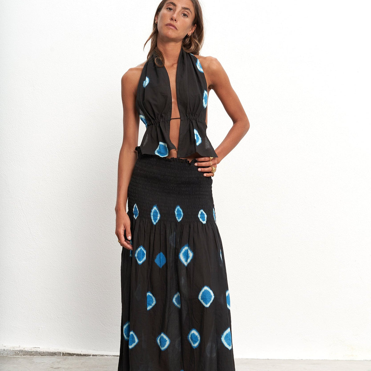 The Open-Back Halter Top – Indigo Dot