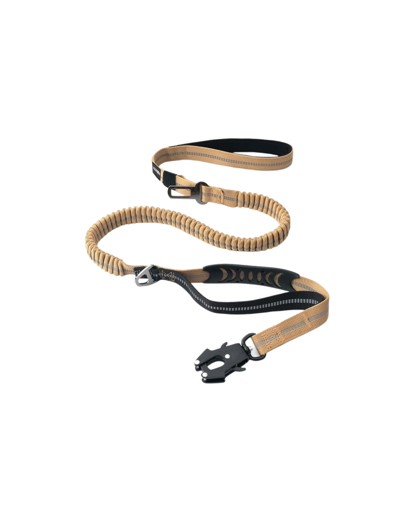 Tactical bungee dog leash in brown with seatbelt clip and control handle