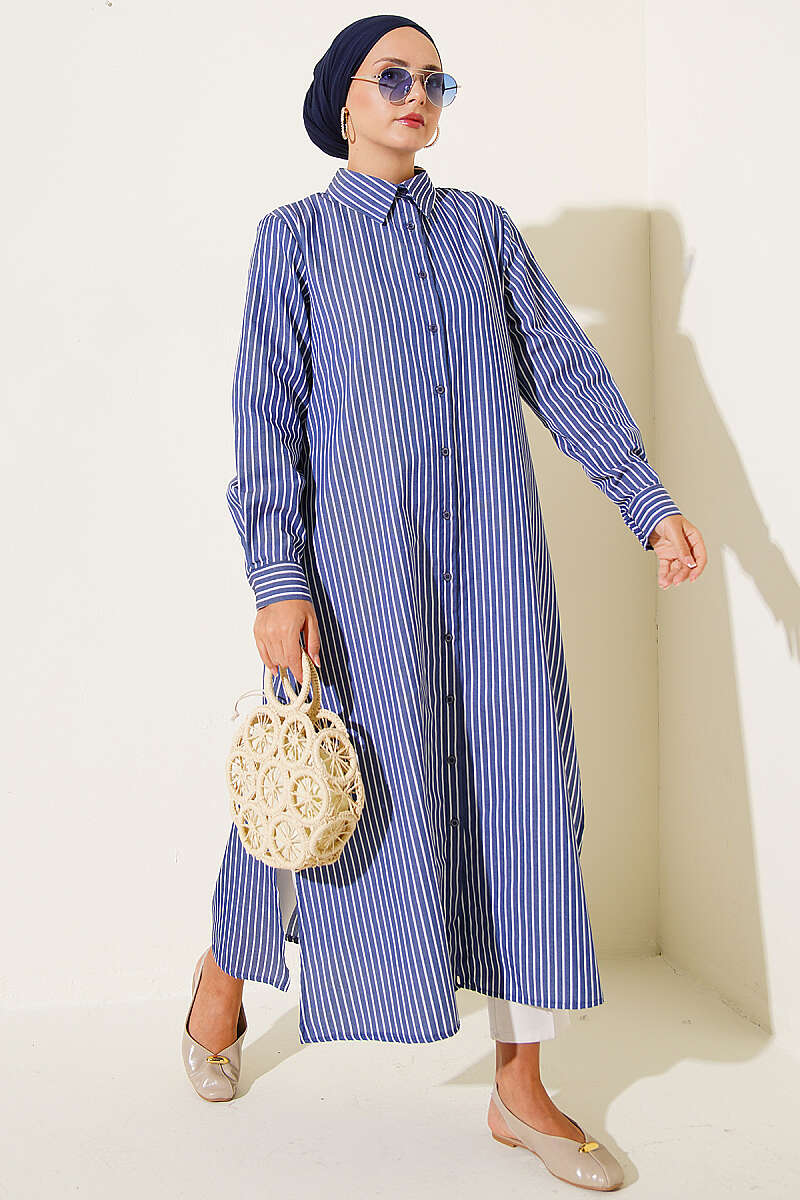 Navy Blue Basic Long Striped Shirt