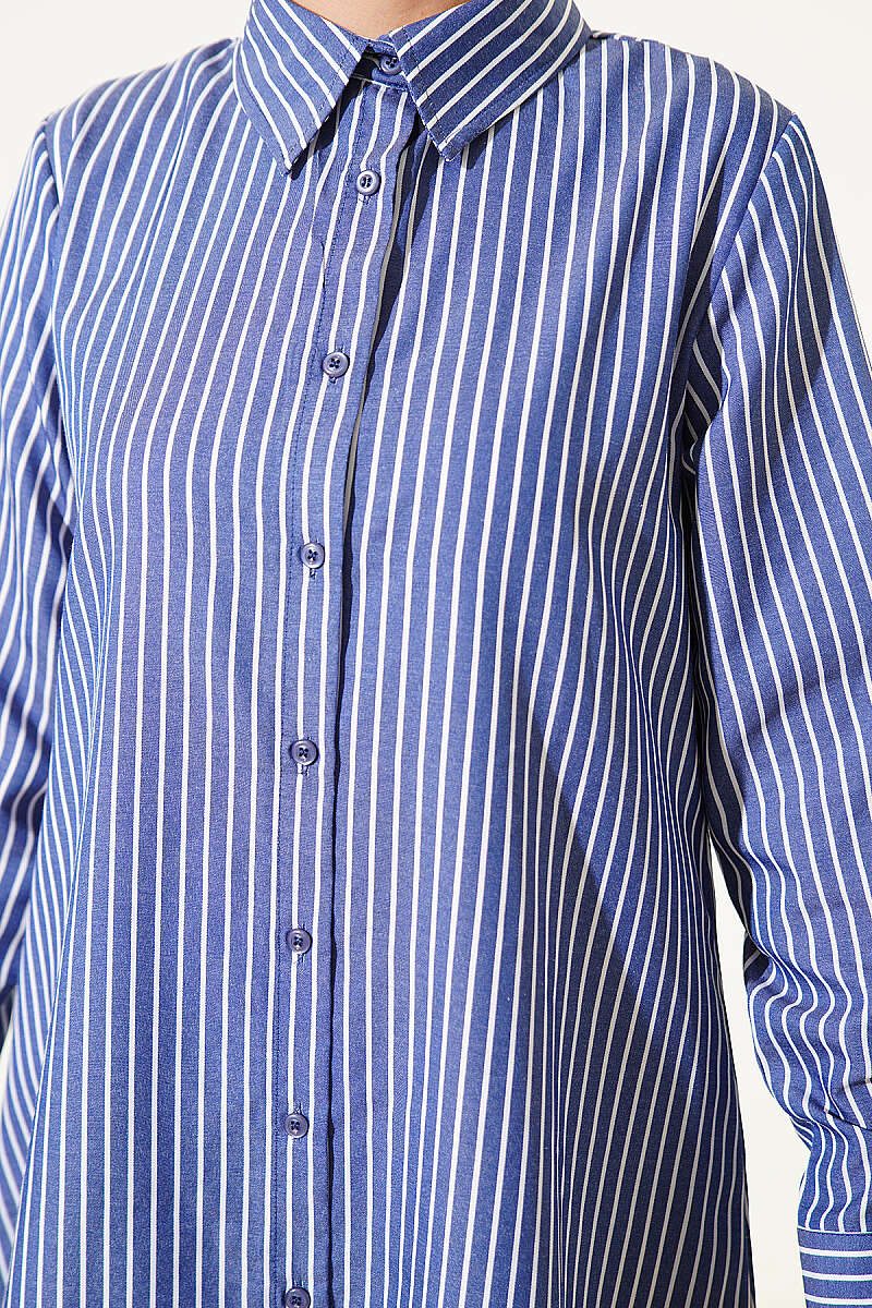 Navy Blue Basic Long Striped Shirt