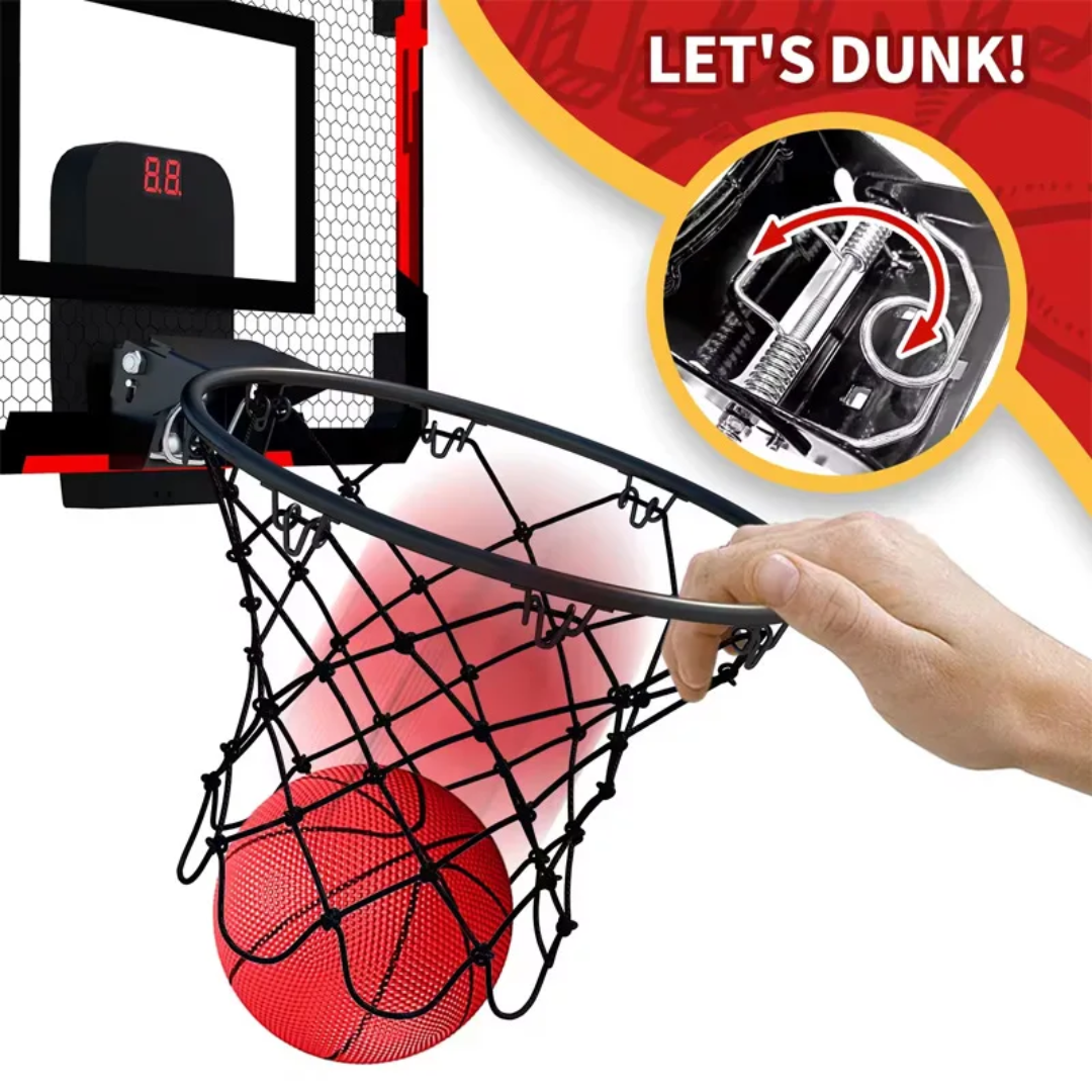 Basketball hoop with a hand dunking a red basketball, promotional text 'LET'S DUNK!' on a white background.
