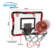 Mini basketball hoop with digital scoreboard and basketball, showing dimensions and price.