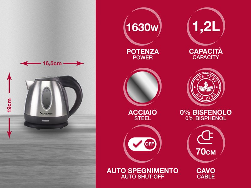 1.2L Electric Steel Kettle 1630W Electric Kettles 1.2L Electric Steel Kettle 1630W 1.2L Electric Steel Kettle 1630W Beper