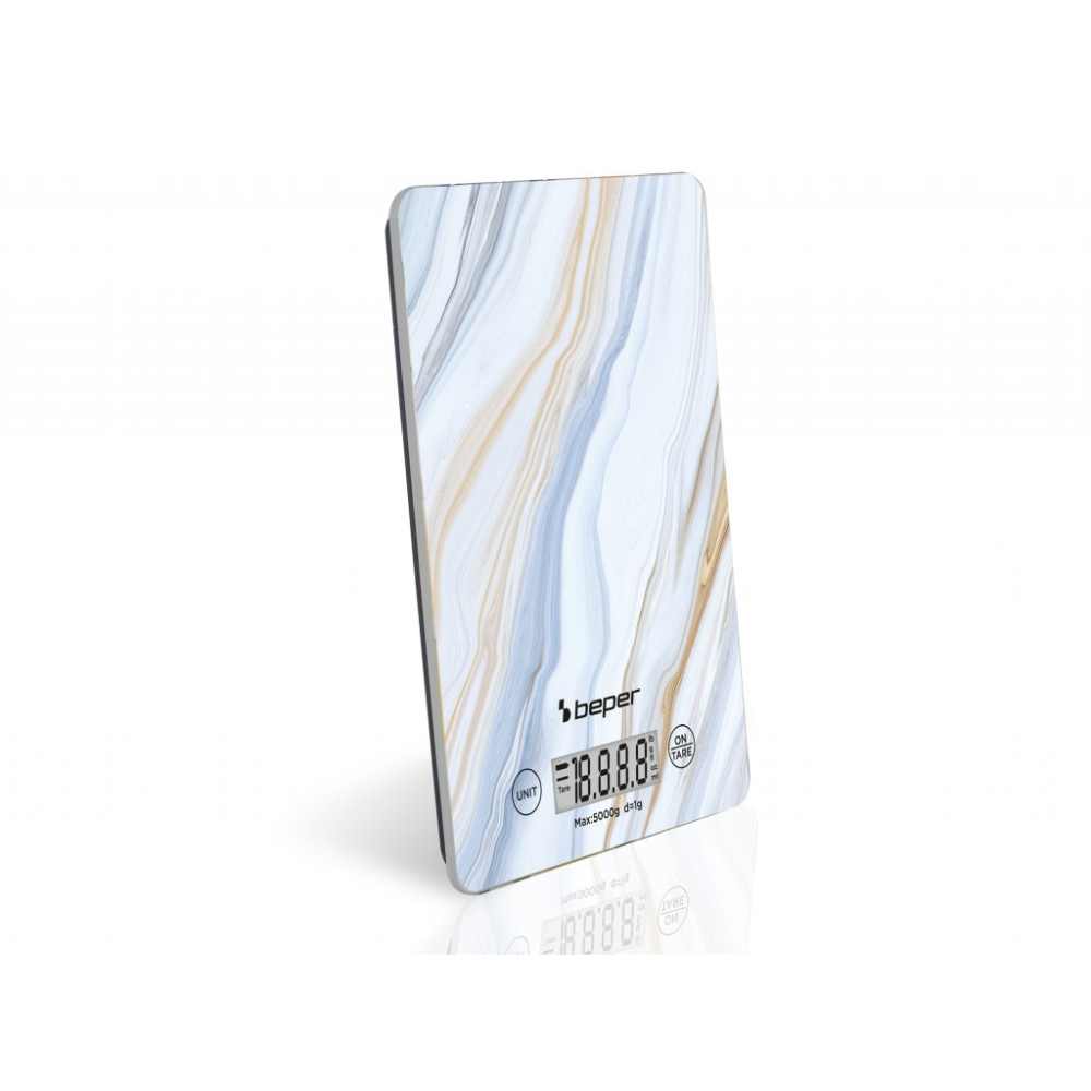 Beper Digital Kitchen Scale, Tempered Glass Top, Kitchen Scales With Lcd Display And Touch Buttons, Tare Function, Maximum Capacity 5Kg, Automatic Shut-Off, Marble Pattern