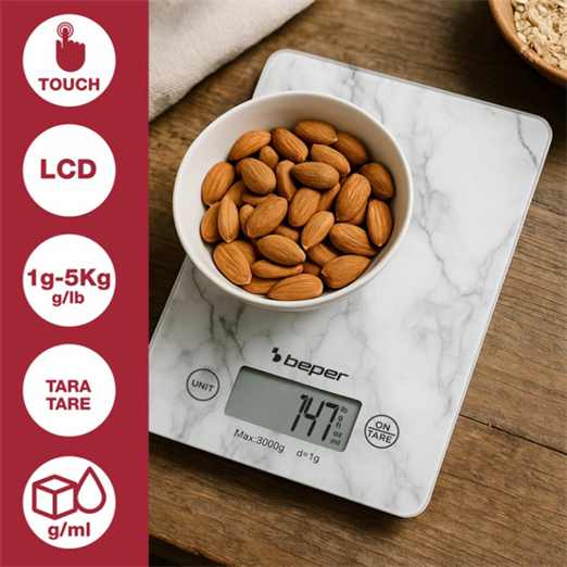 Beper Digital Kitchen Scales Tempered Glass Top White Marble