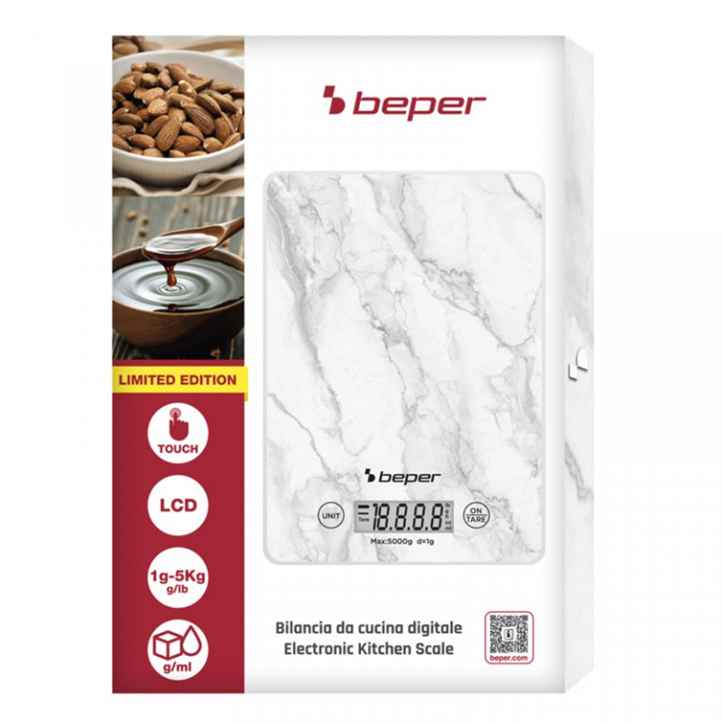 Beper Digital Kitchen Scales Tempered Glass Top White Marble