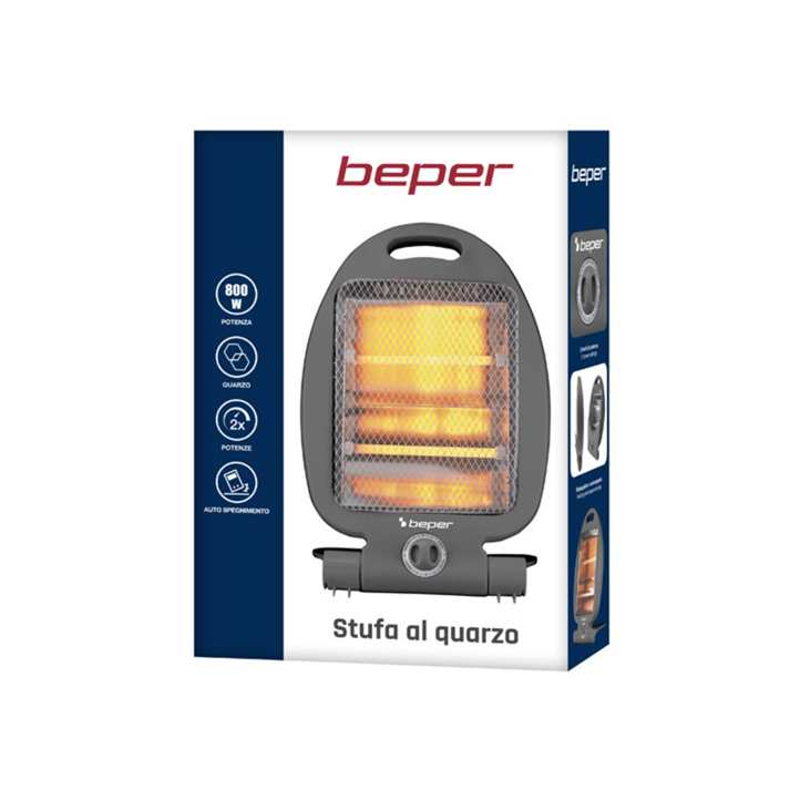 Beper Quartz Heater 400-800W, Fast Heating, 2 Power Levels, 2 Heating Elements, Eco-Function, Auto-Off