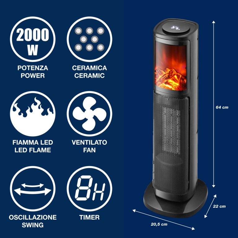 PTC Tower Fan Heater LED Flame 2000W Heaters PTC Tower Fan Heater LED Flame 2000W PTC Tower Fan Heater LED Flame 2000W Beper