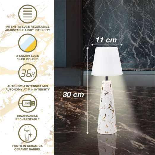 Beper Marble Battery Table Lamp Ceramic Gold Detail