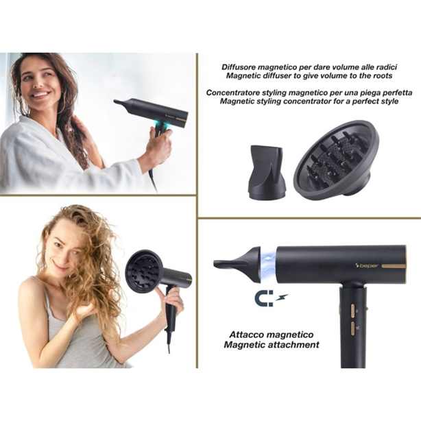 Beper Brushless Motor Hair Dryer, Dc Motor, 1800W, 3 Speeds, 3 Selectable Temperatures, LED Indicator Lighting Up In Different Colors, Includes Magnetic Styling Concentrator Accessories For Styling And Diffuser For Volume At The Roots