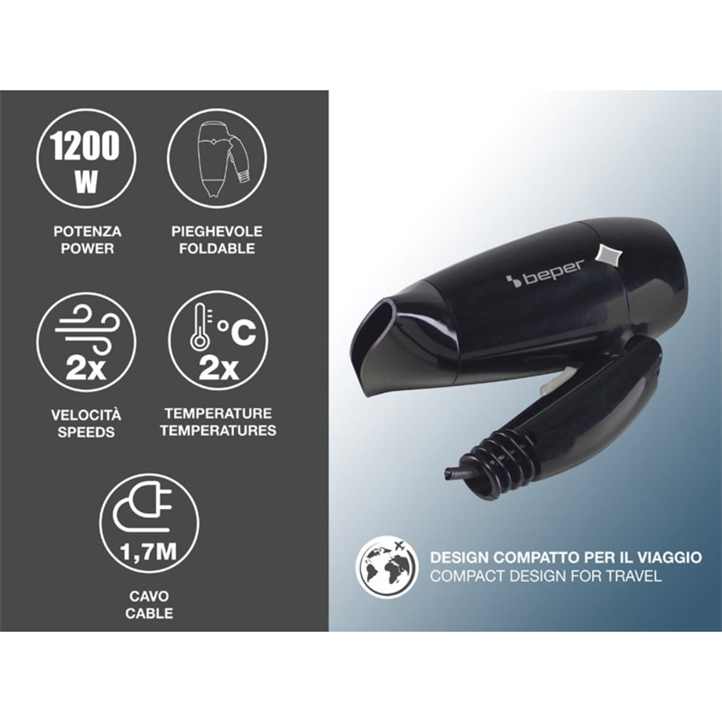 Beper Travel Hair Dryer, 1200W, Foldable Hair Dryer, 3 Temperatures, 2 Speeds, Small And Lightweight Hair Dryer, Black