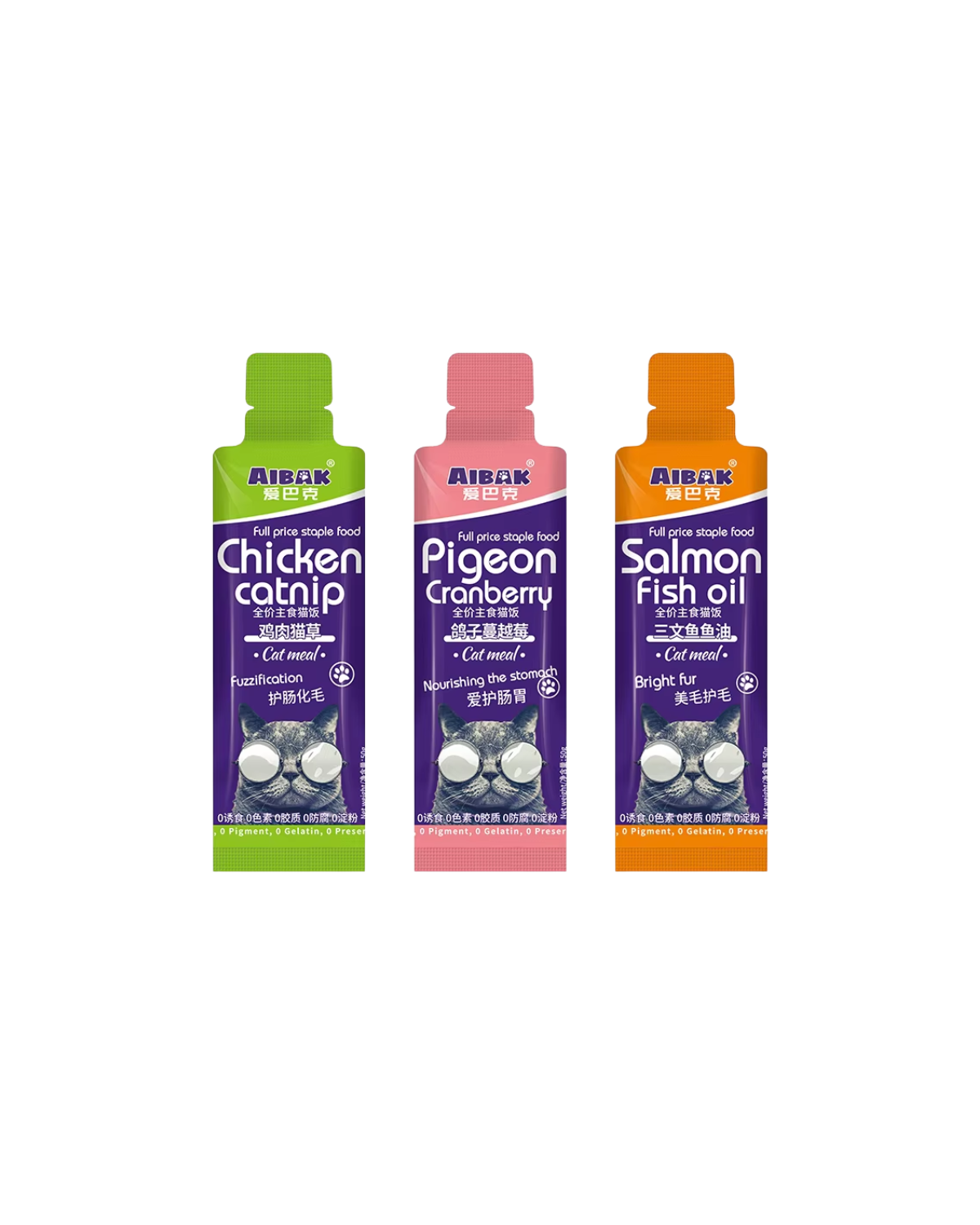 AIBAK creamy cat meal tubes in chicken catnip, pigeon cranberry and salmon fish oil