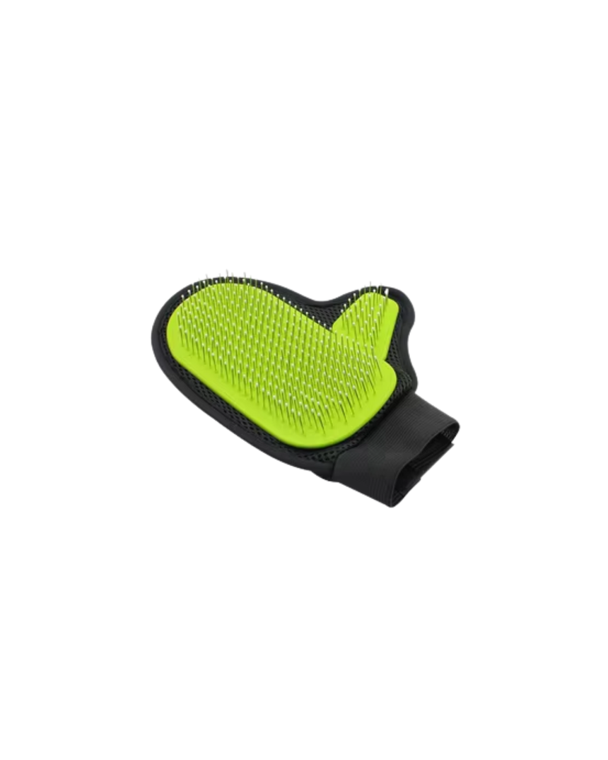 Green pin grooming glove worn on a hand