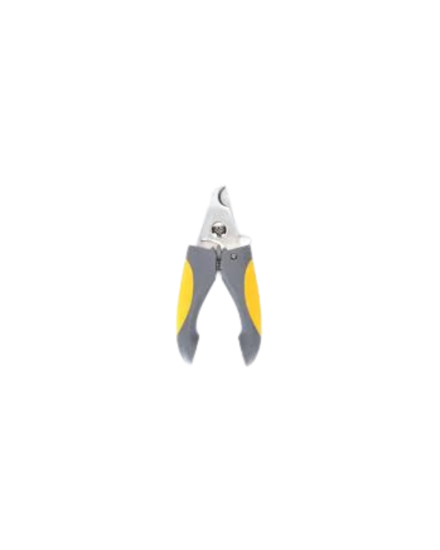 Pet nail clipper open showing curved stainless blade