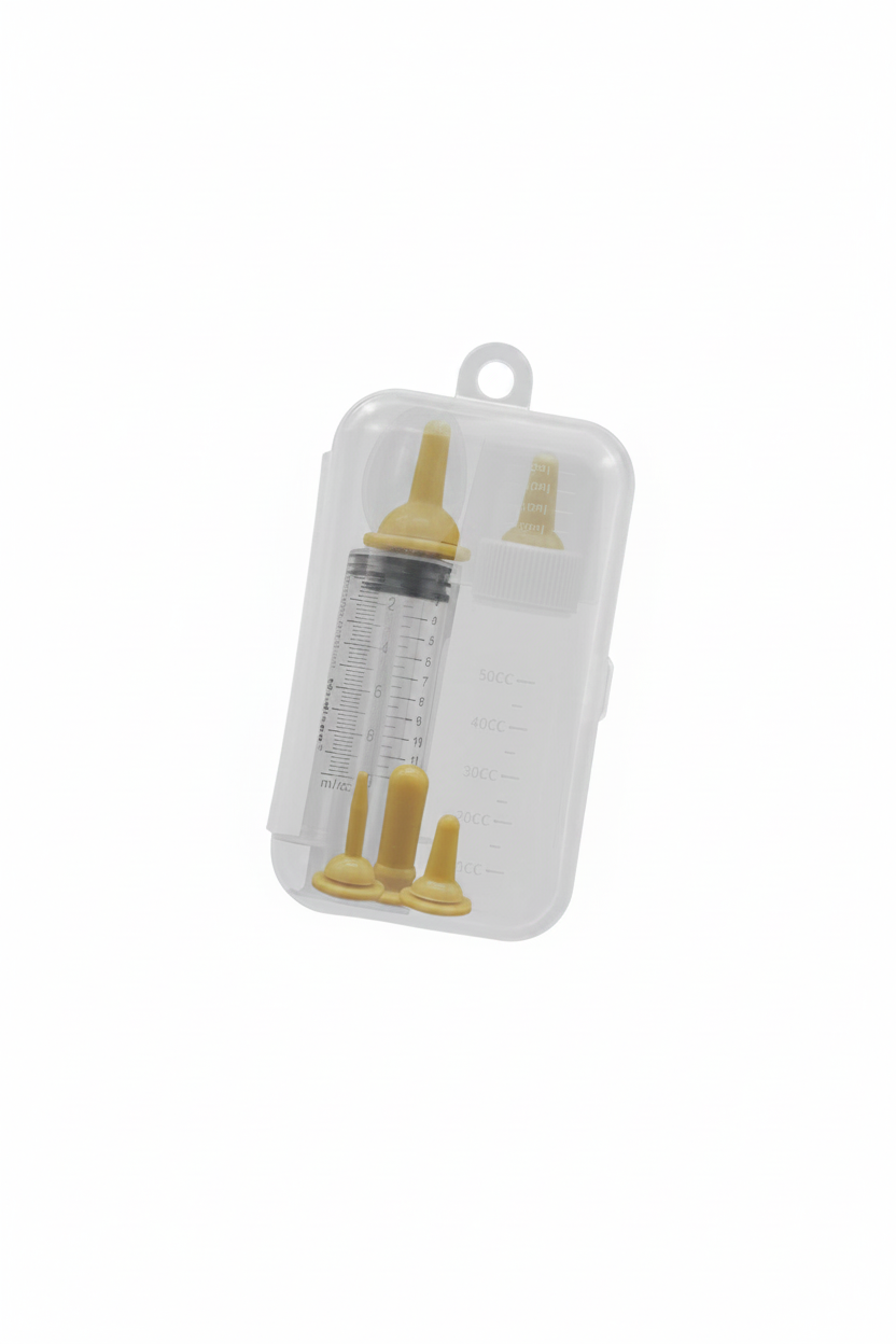 Pet nursing bottle and feeding syringe kit with silicone nipples in case