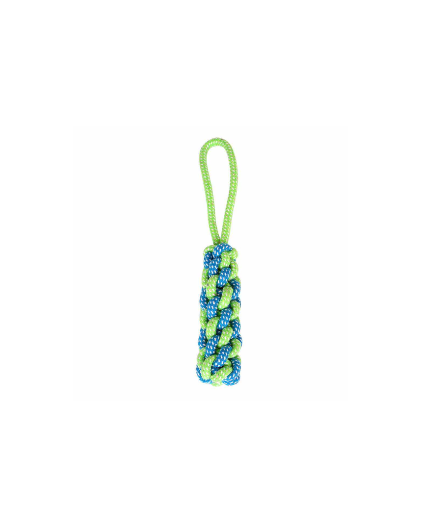 Green and blue braided rope dog tug toy with loop handle