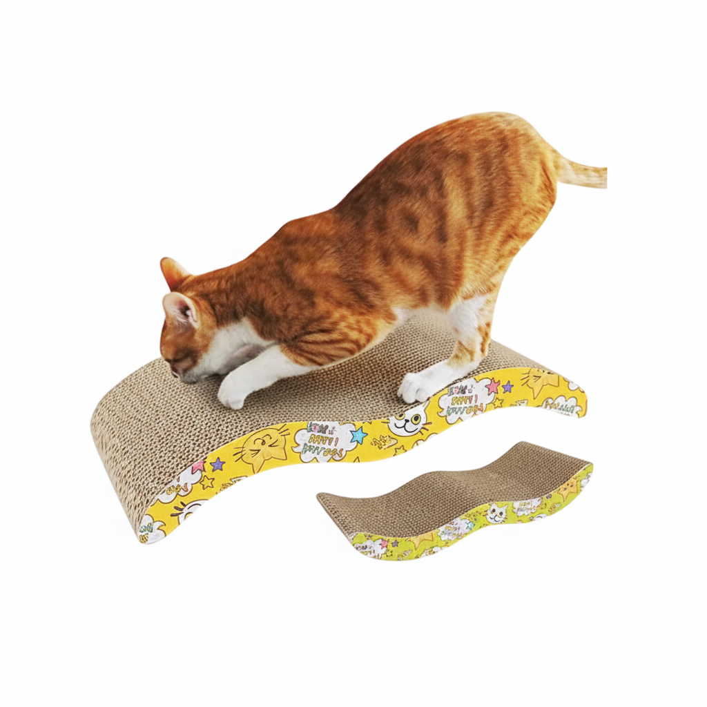 Corrugated cardboard wave cat scratcher with cat stretching on it