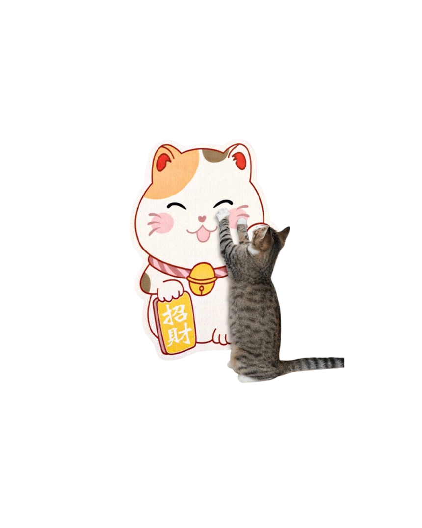 Lucky cat shaped wall scratcher with cat scratching it