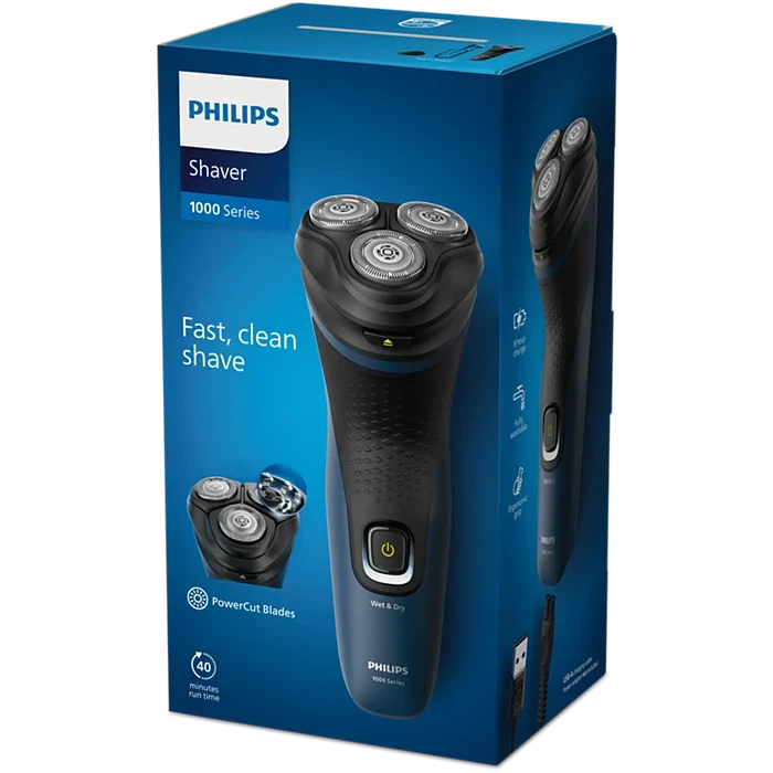 Blue waterproof Philips shaver with a 40-minute runtime