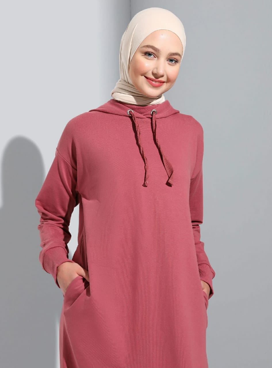 Dusty-rose Sporty Hooded Abaya with pockets