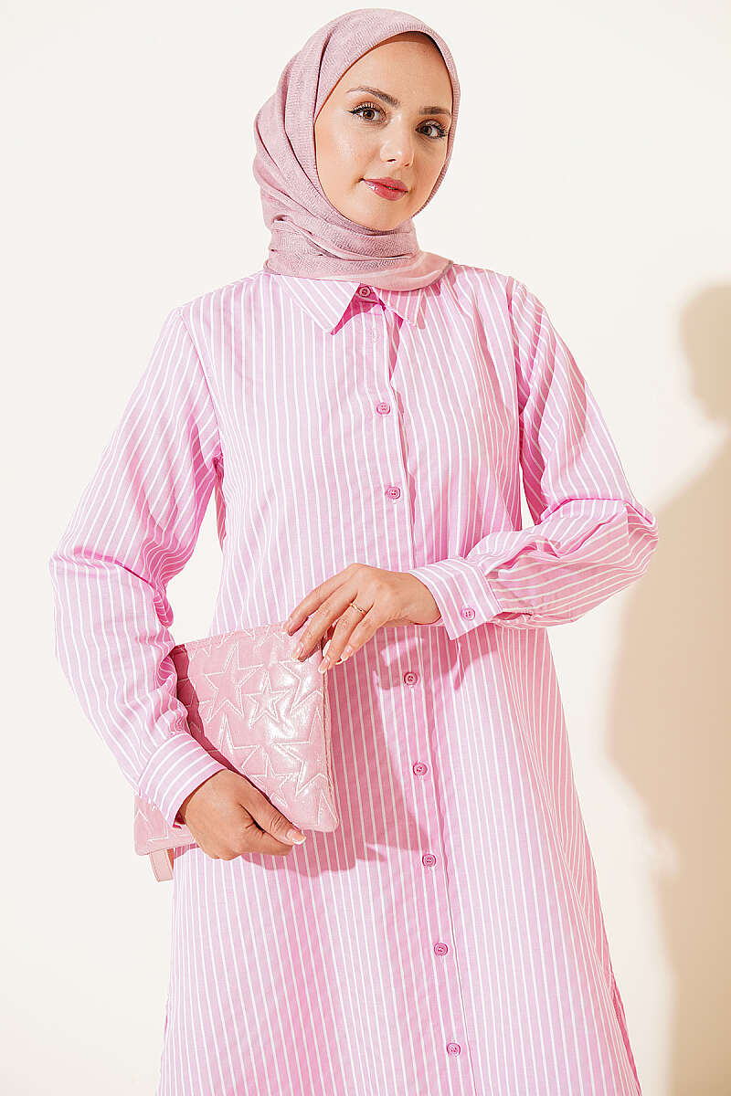 Pink Basic Long Striped Shirt