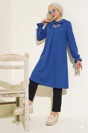 Blue Elegant Plus Size Crepe Log Tunic with Ruffle Cuff Long Sleeve