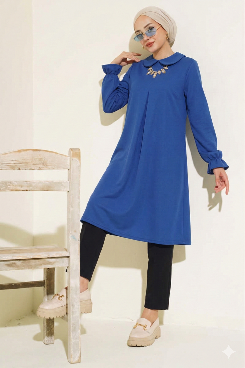Blue Elegant Plus Size Crepe Log Tunic with Ruffle Cuff Long Sleeve