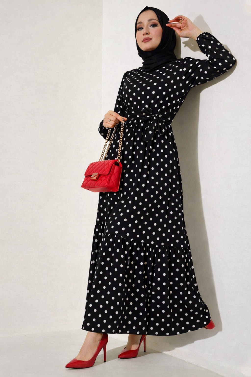 Black & Off-White Polka Dot Modest Maxi Dress
