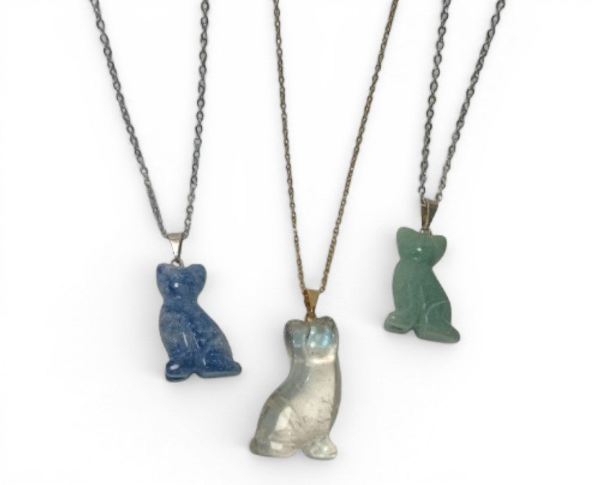 Clear Quartz Carved Cat Stainless Steel Necklace