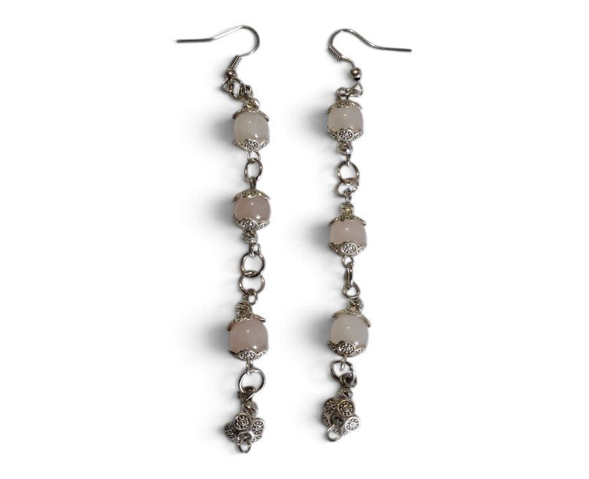 3-Bead Natural 8mm Rose Quartz Earrings