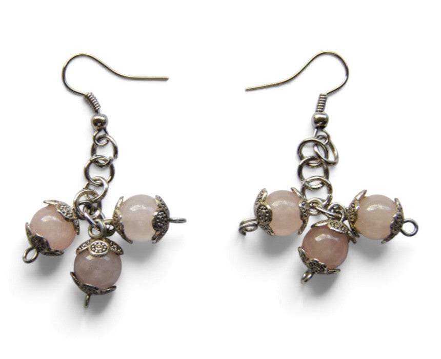 3-Bead Natural 8mm Rose Quartz Earrings